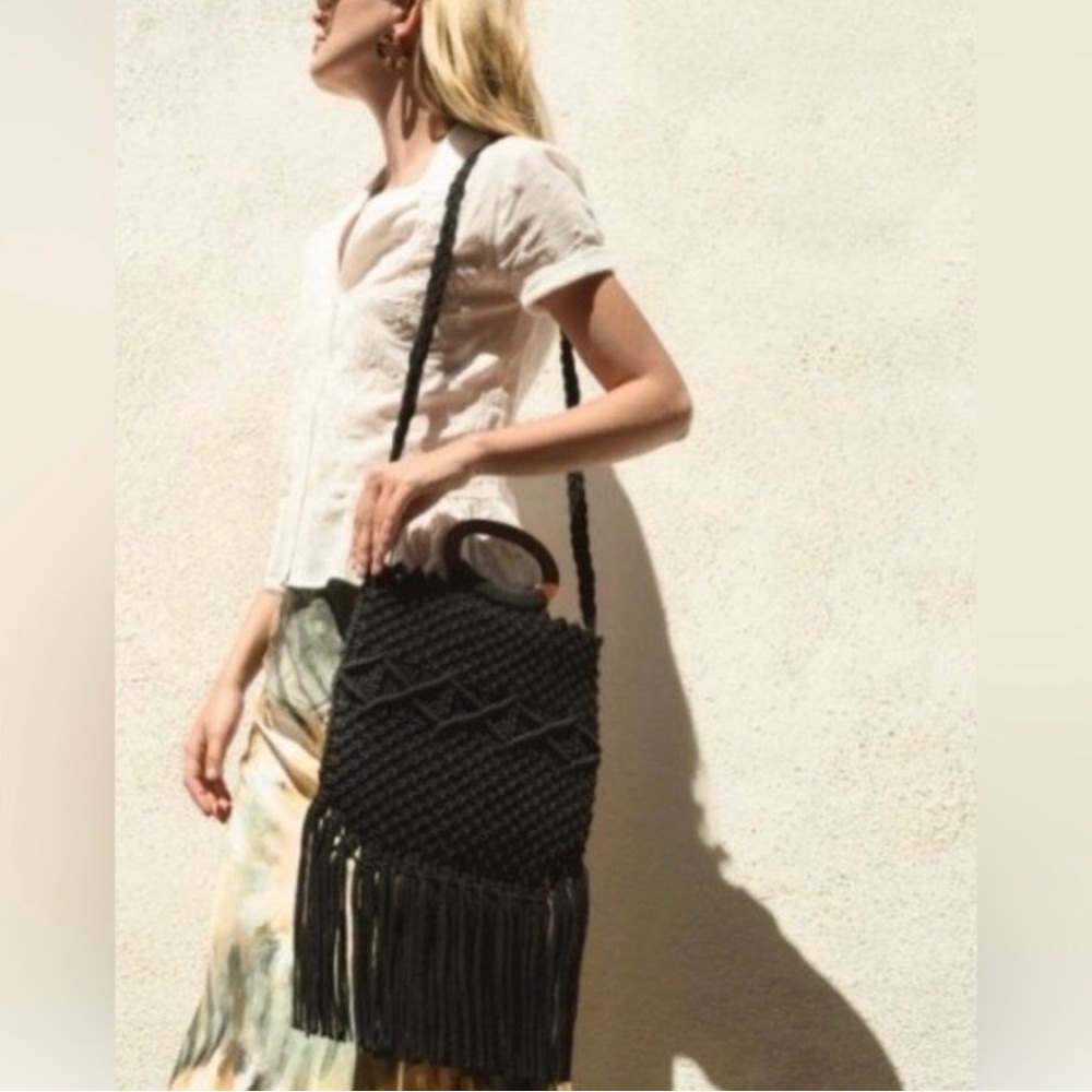 Danielle Nicole Black Fringe Macrame Crossbody Ba… - image 2